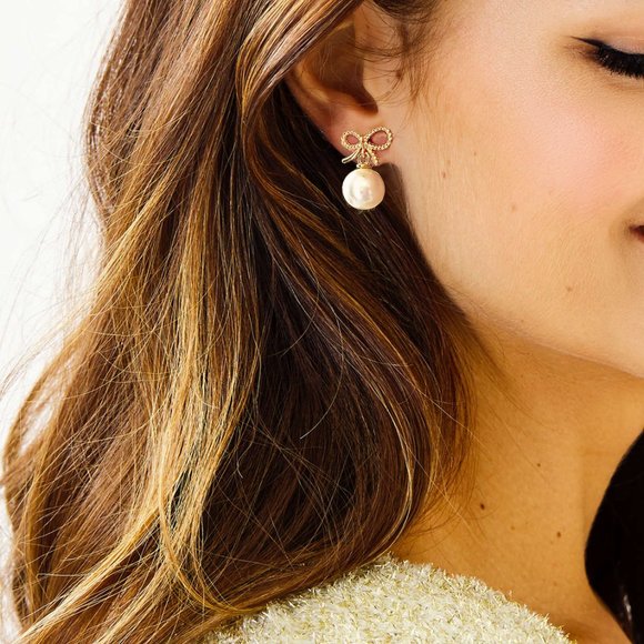 Gold Bow Pearl Earrings - Picture 2 of 2